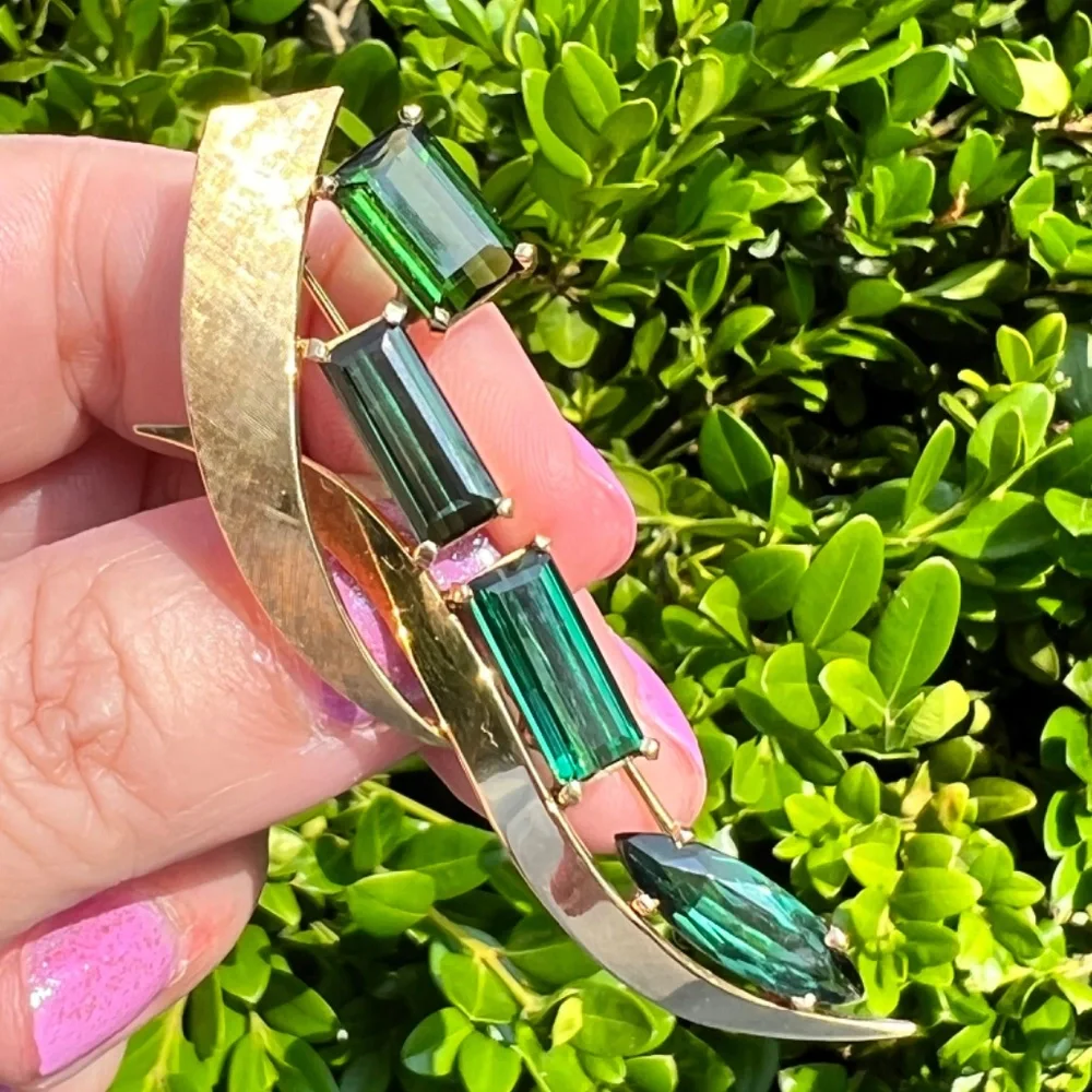 VINTAGE 18K GOLD CUSTOM LARGE GREEN TOURMALINE PIN BROOCH STATEMENT FLORENTINE